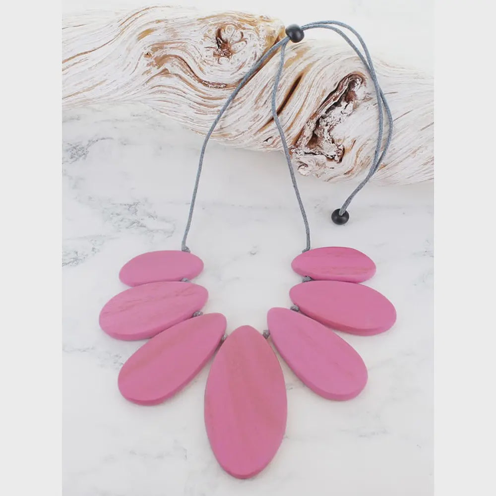 Suzie Blue Wooden Oval Fan Necklace Pink - Precious Sparkle