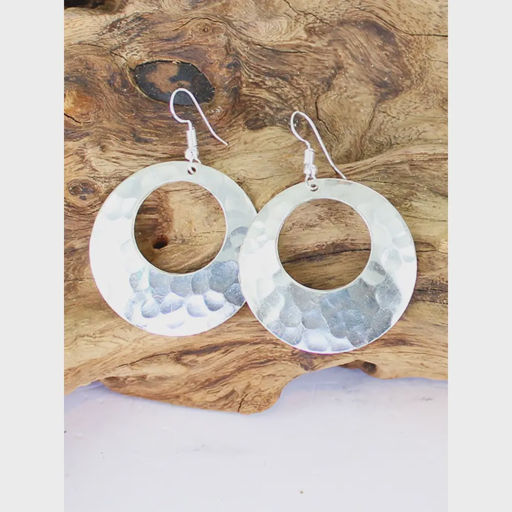 Suzie Blue Silver Beaten Round Hoop Earrings