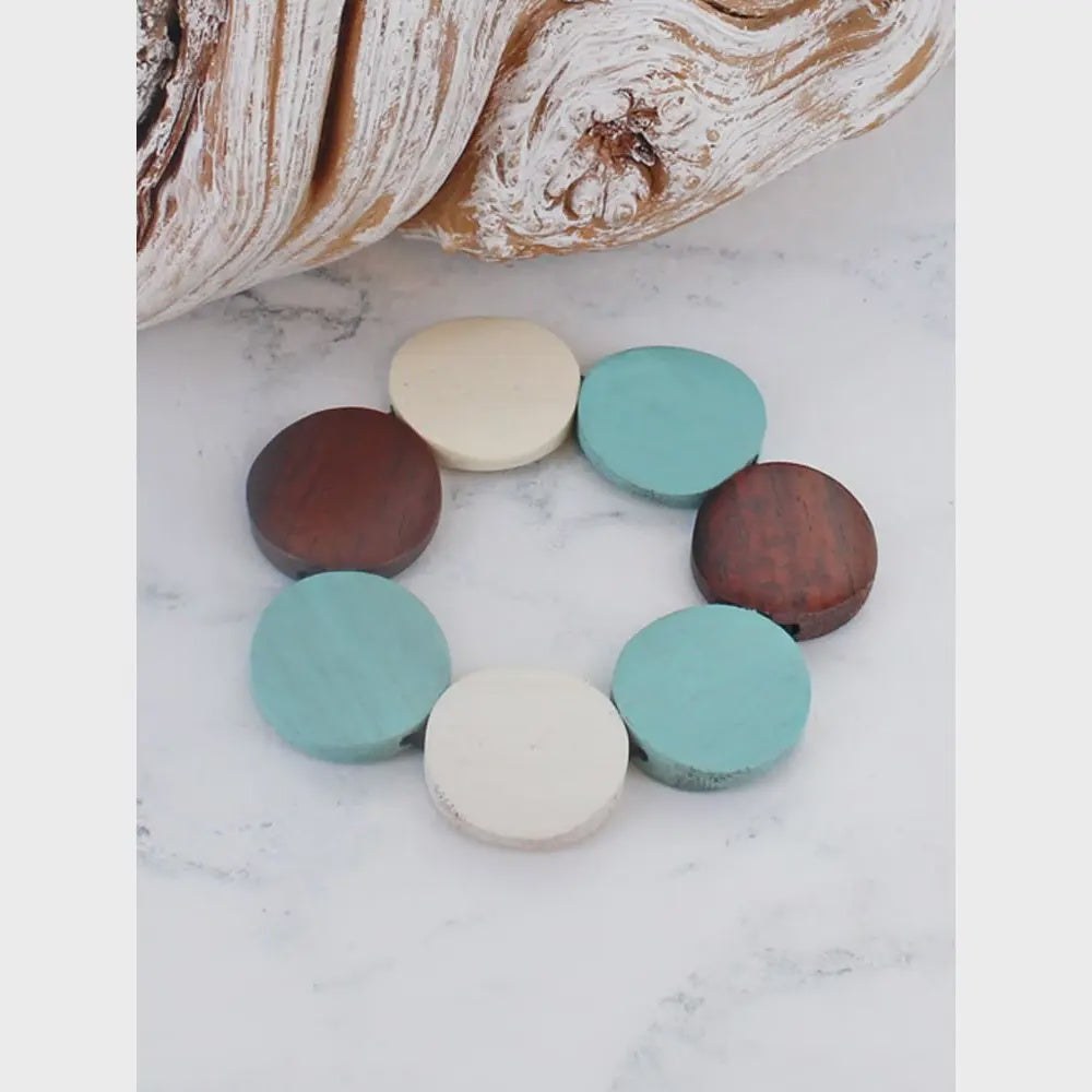 Suzie Blue Elasicated Wooden Disc Bracelet Aqua - Precious Sparkle