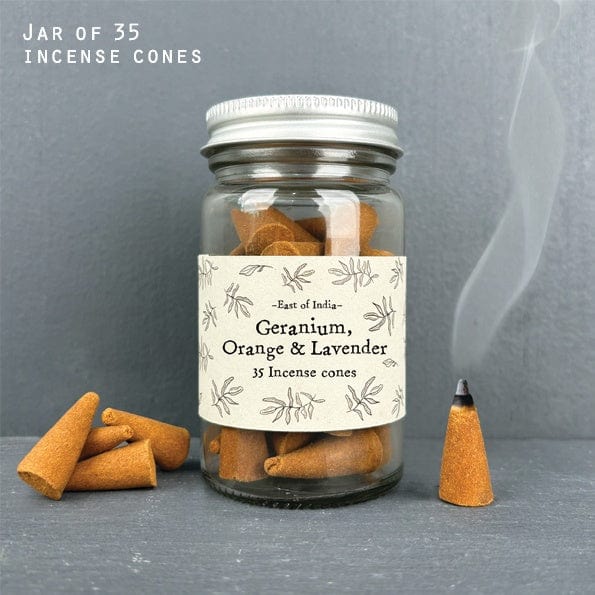 East of India Homewares East of India Jar of Incense Cones Orange Geranium Lavender