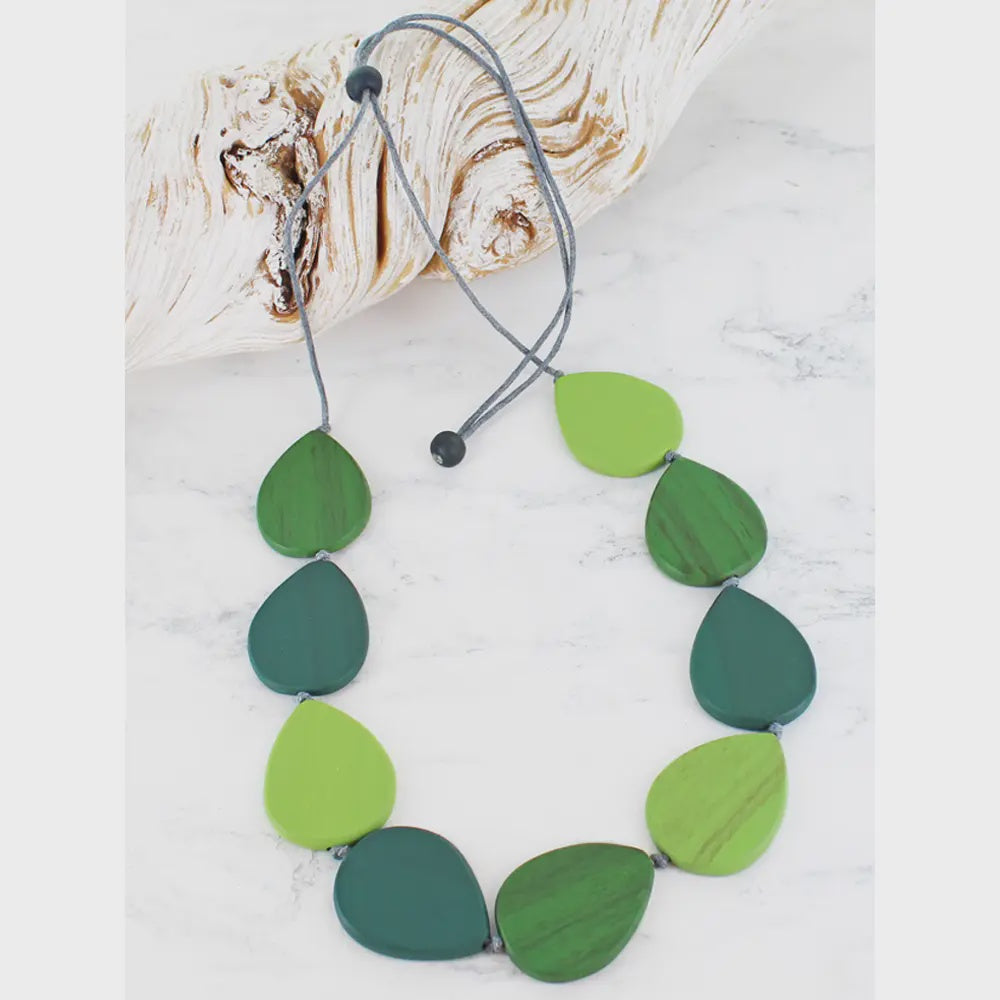 Suzie Blue Wooden Teardrop Necklace Green - Precious Sparkle