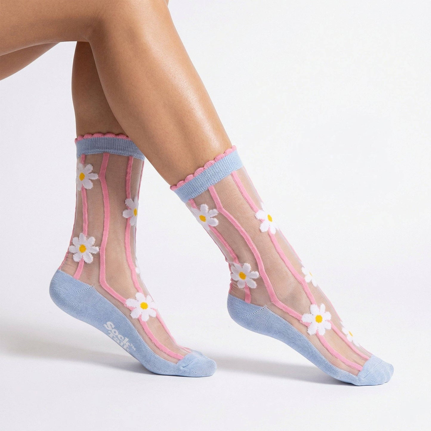 Sock Talk Daisy Stripes Cotton Sheer Socks Blue/Pink