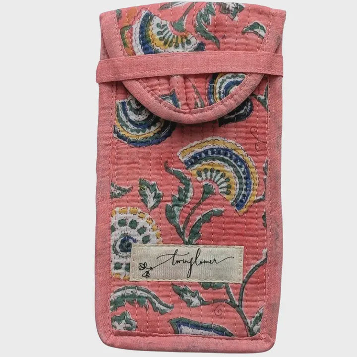Fan Flower Pink Block Print Quilted Glasses Case