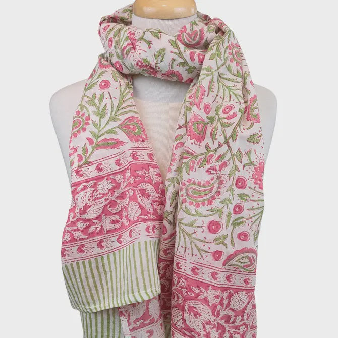 Pink & Green Floral Block Print Sarong Scarf - Precious Sparkle