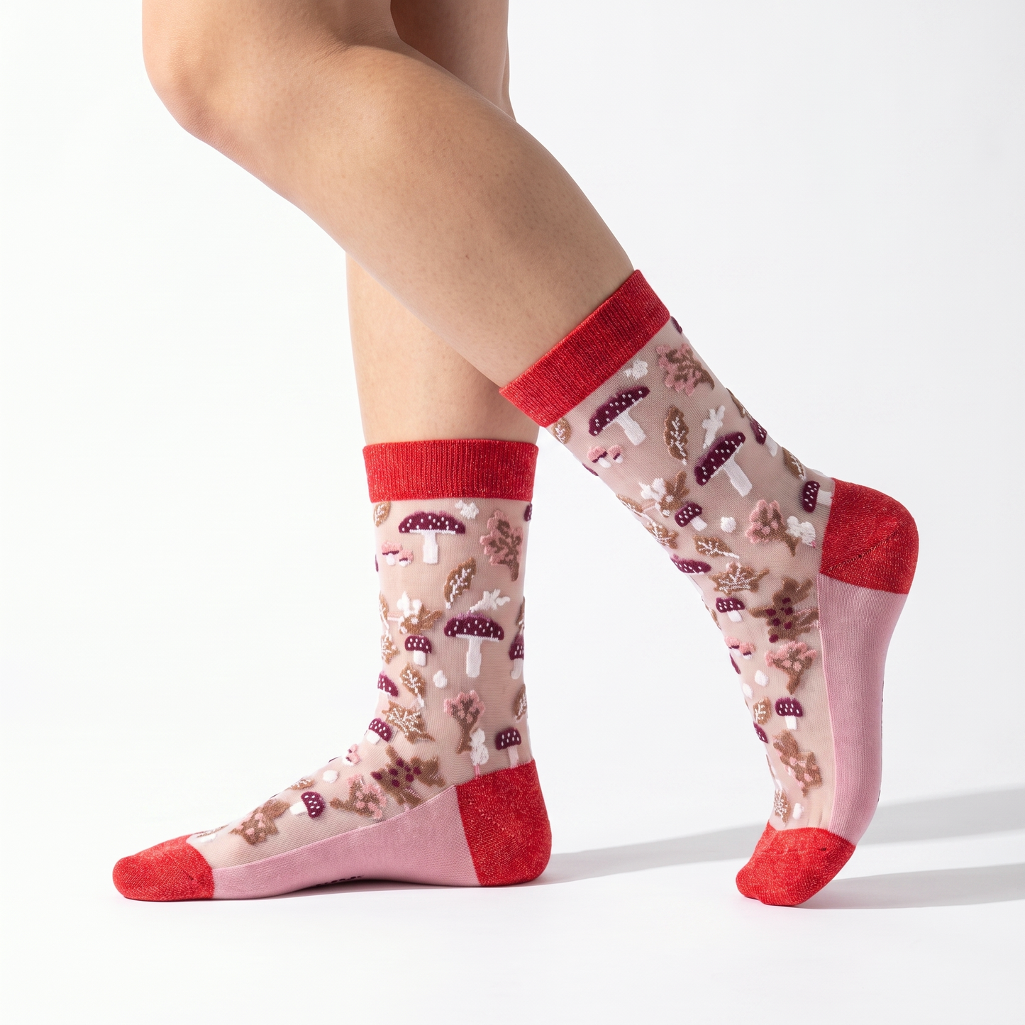 Sock Talk Toadstool Floral Sheer Socks in Red - Precious Sparkle