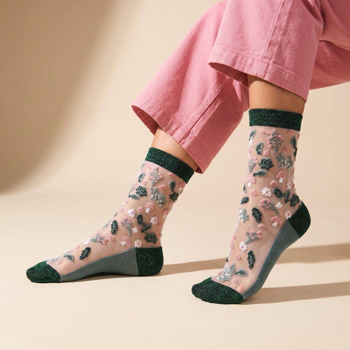 Sock Talk Floral Sheer Socks in Forest Green - Precious Sparkle