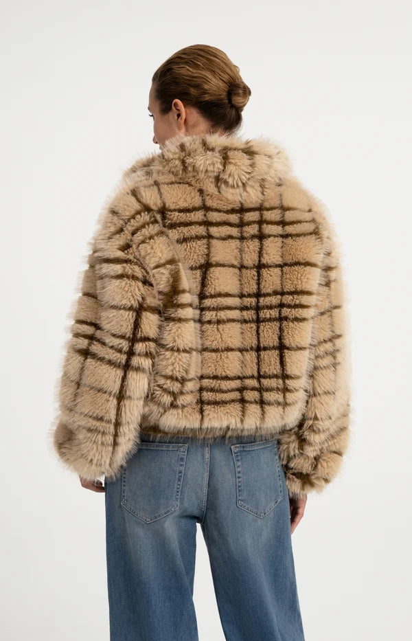 Yaya Faux Fur Jacket with Collar & Check Pattern