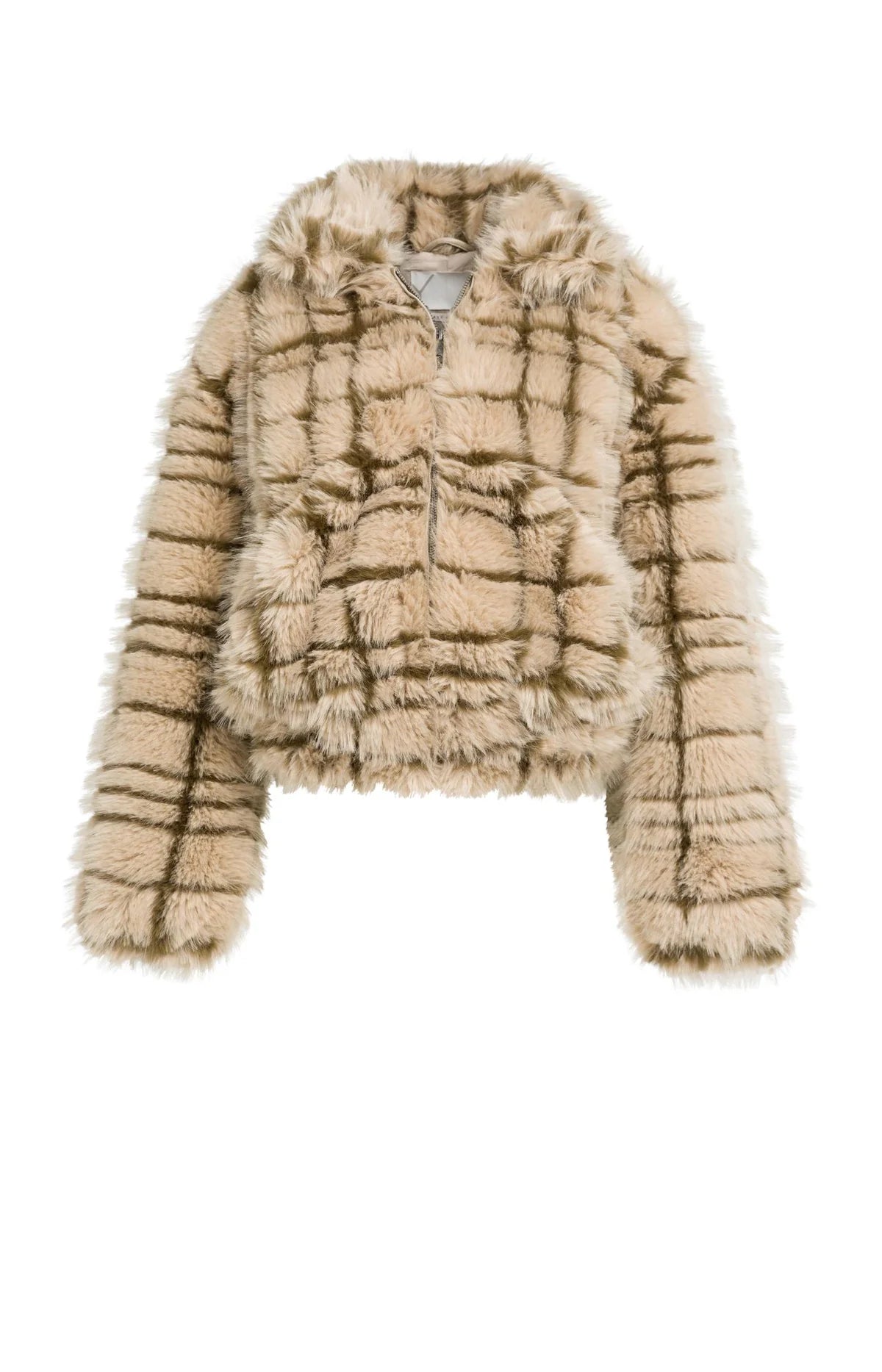 Yaya Faux Fur Jacket with Collar & Check Pattern