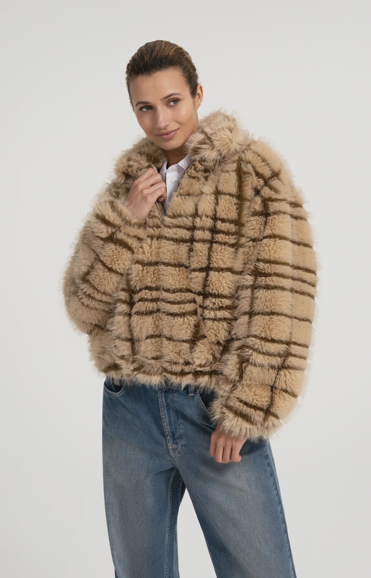 Yaya Faux Fur Jacket with Collar & Check Pattern