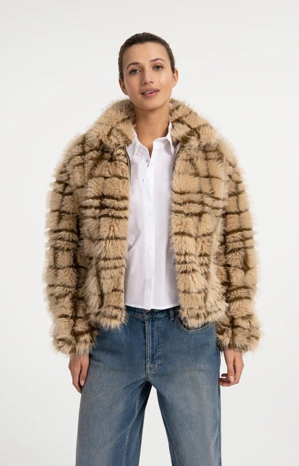 Yaya Faux Fur Jacket with Collar & Check Pattern