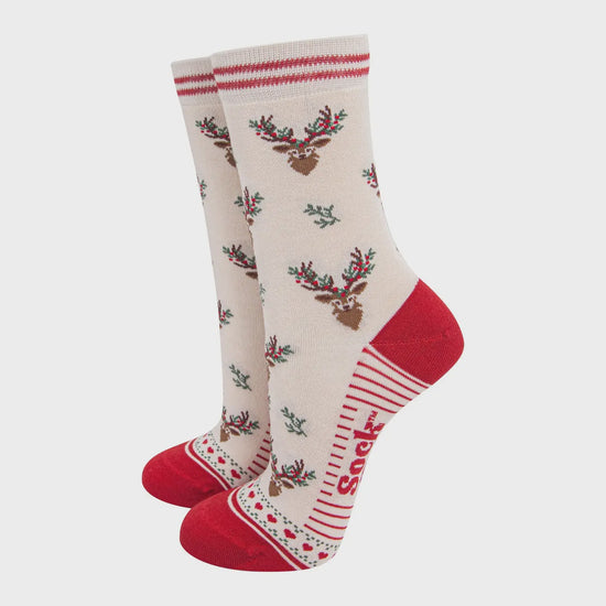 Sock Talk Women's Bamboo Socks Cream/Red, Floral Reindeer