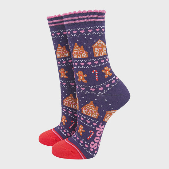 Sock Talk Women's Bamboo Socks Navy Blue/Red, Gingerbread Fair Isle