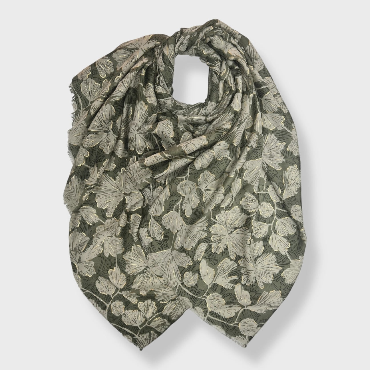 Autumn Gooseberry Leaves Gold Foil Green Scarf