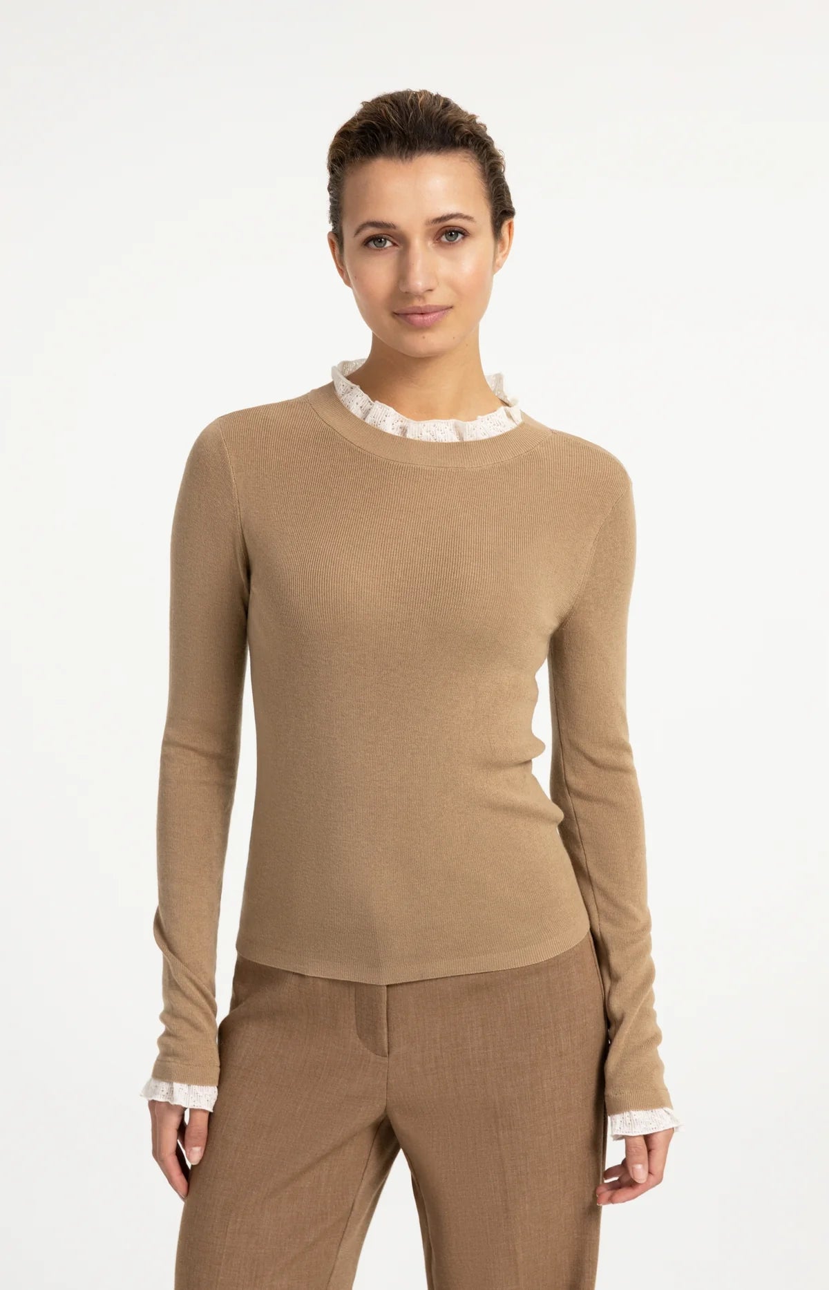 Yaya Fine Knit Rib Top with Ruffle Details