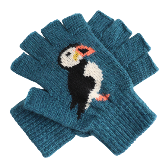 Fingerless Fluffy Puffin Gloves Teal Blue - Precious Sparkle