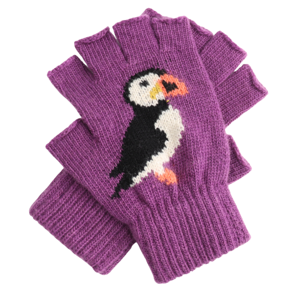 Fingerless Fluffy Puffin Gloves Purple - Precious Sparkle