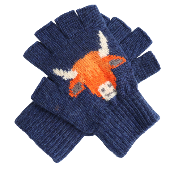 Fingerless Fluffy Highland Cow Gloves Navy - Precious Sparkle
