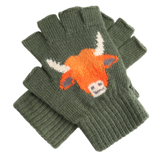 Fingerless Fluffy Highand Cow Gloves Olive - Precious Sparkle