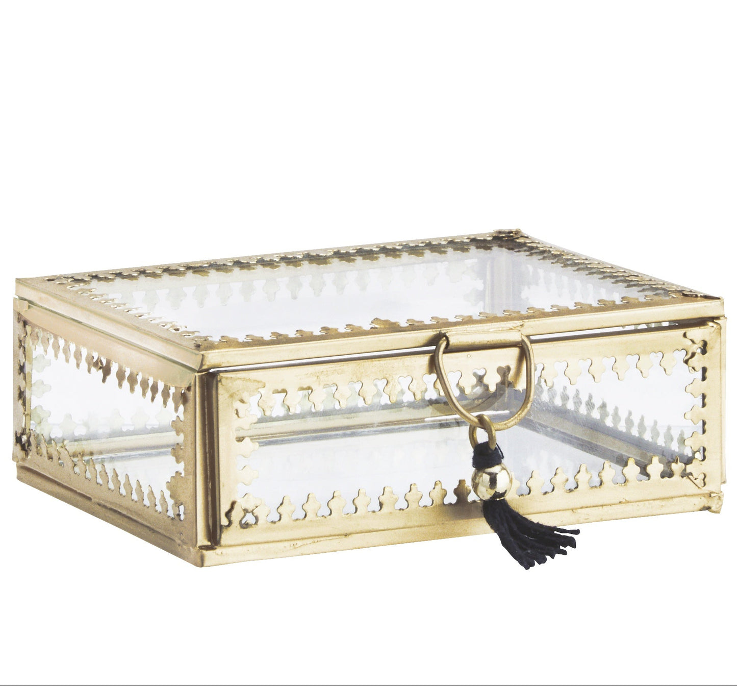 Gold jewelry box with a tassel on a white background