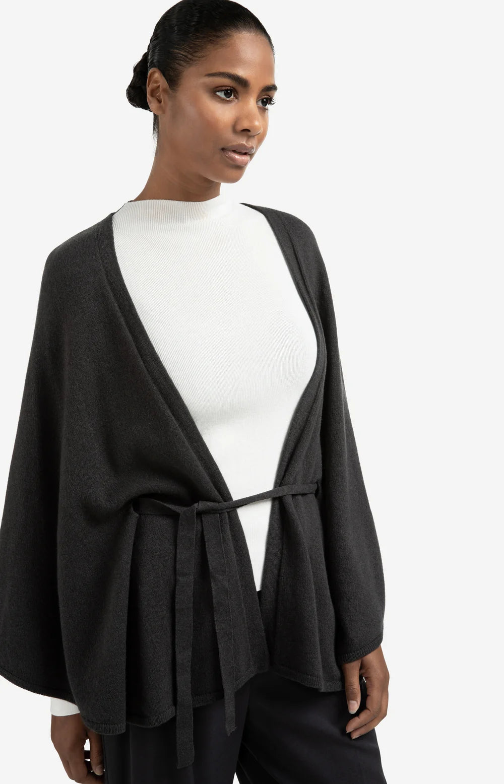 YAYA Knitted Poncho Tie-Waist Black