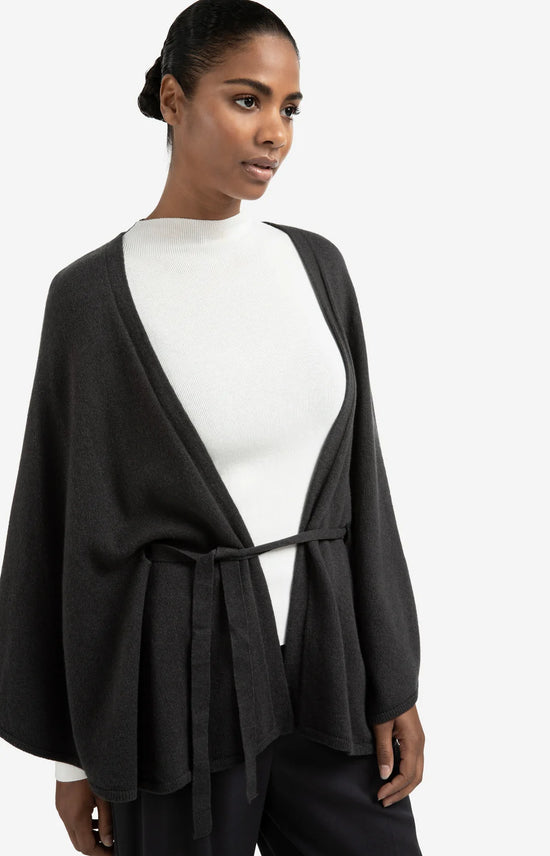 YAYA Knitted Poncho Tie-Waist Black