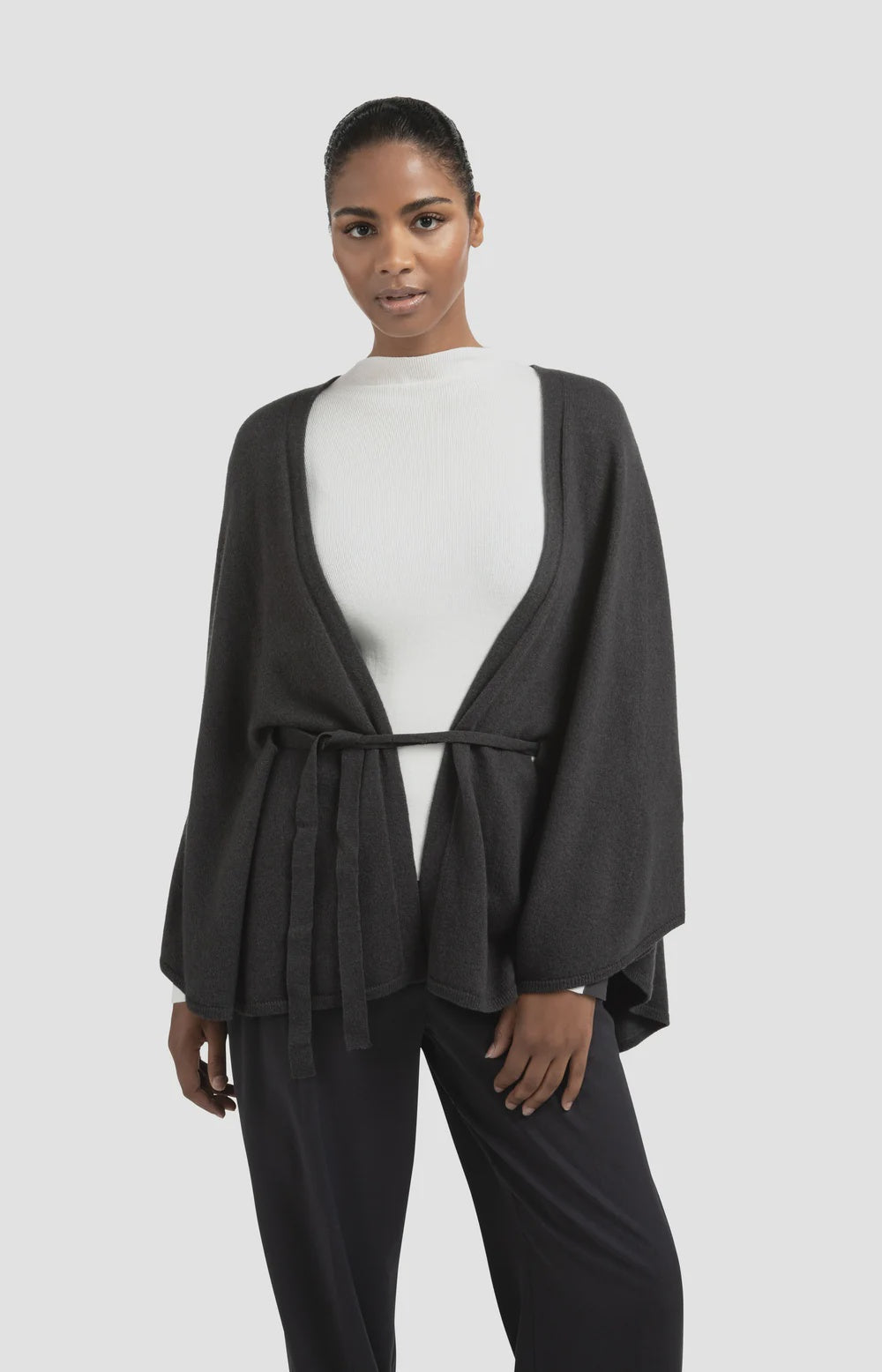 YAYA Knitted Poncho Tie-Waist Black