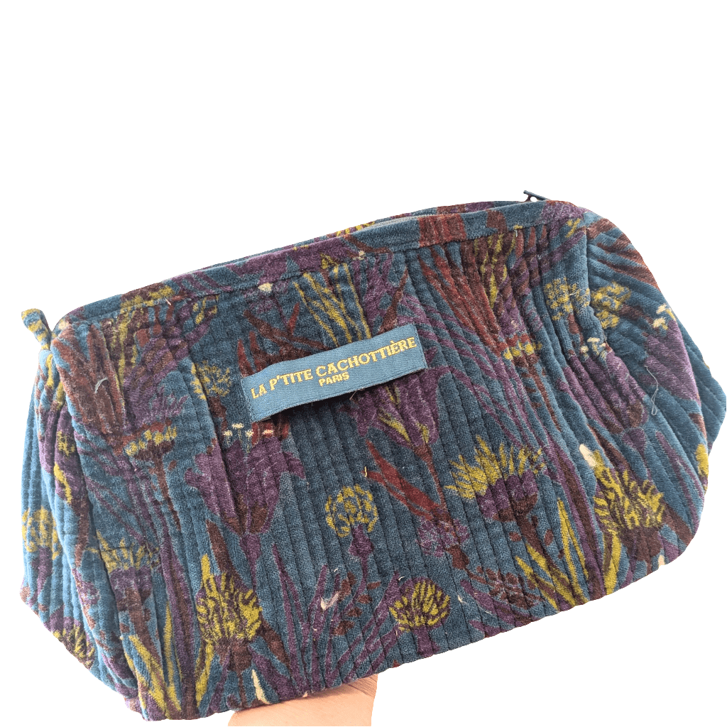 La P'tite Cachottiere Accessories Block Print Indian Large Toiletries Bag Blue Purple Lilies