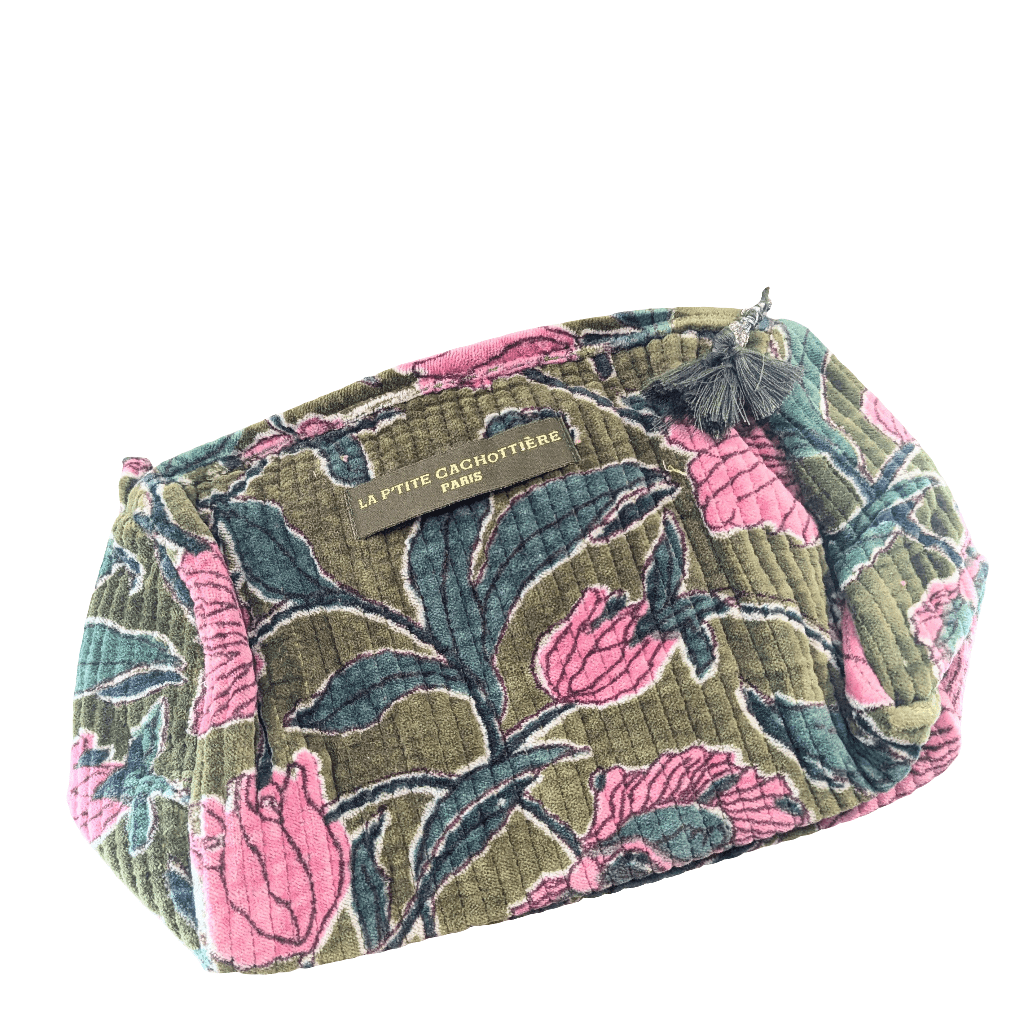 La P'tite Cachottiere Accessories Block Print Indian Large Toiletries Bag Green Tulips