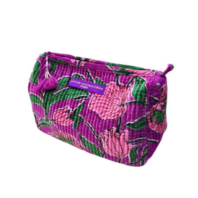 La P'tite Cachottiere Accessories Block Print Indian Large Toiletries Bag Purple Tulips