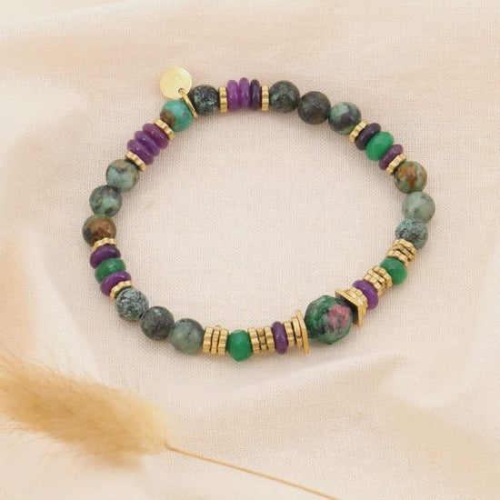 Lilas de Seine Jewellery Green Lilas de Seine Multi Bead, Disc,  Centre Nugget Elastic Bracelet