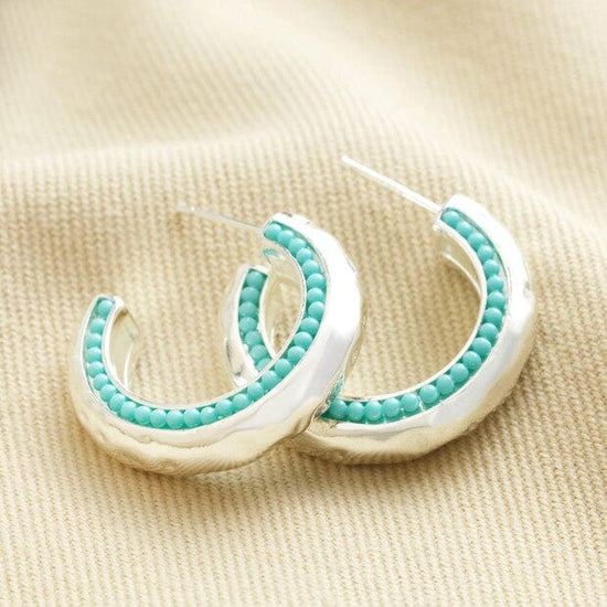 Lisa Angel Jewellery Lisa Angel Teal Stone Hammered Hoop Earrings