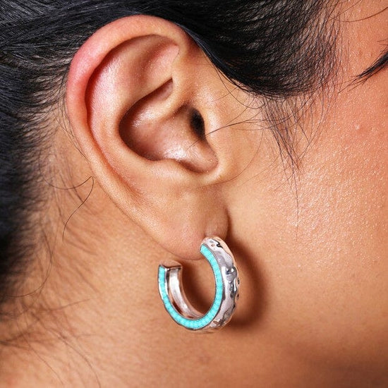 Lisa Angel Jewellery Lisa Angel Teal Stone Hammered Hoop Earrings