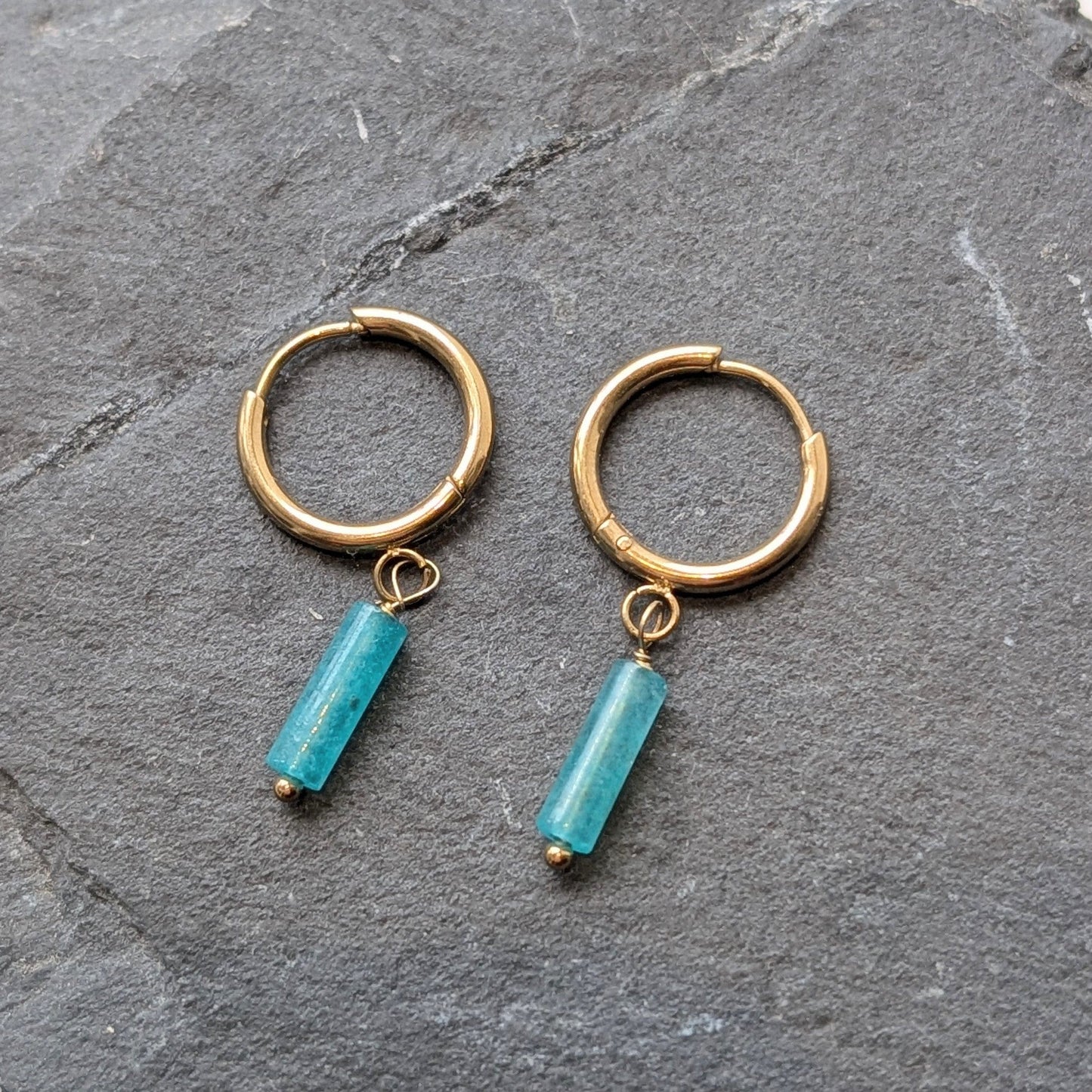 Lomina Jewellery Green Tube Bead Gold Hoop Earrings