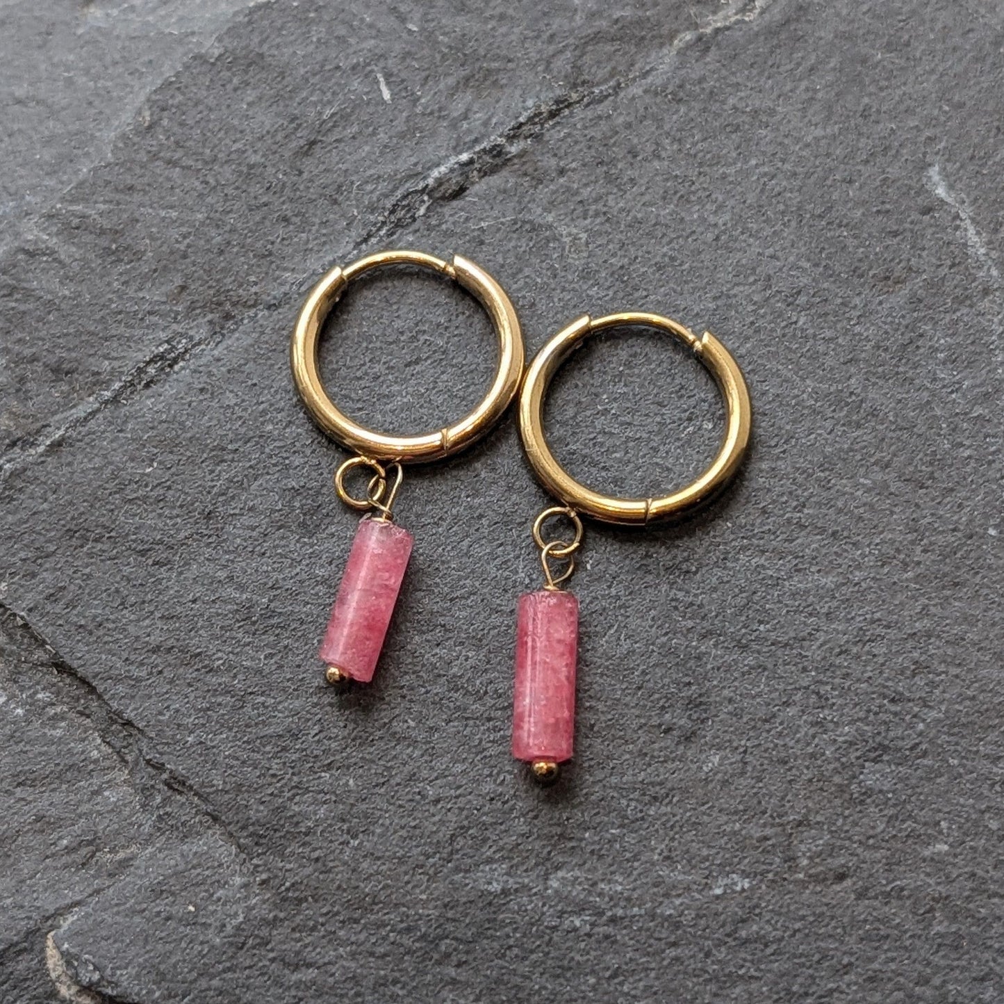 Lomina Jewellery Pink Tube Bead Gold Hoop Earrings