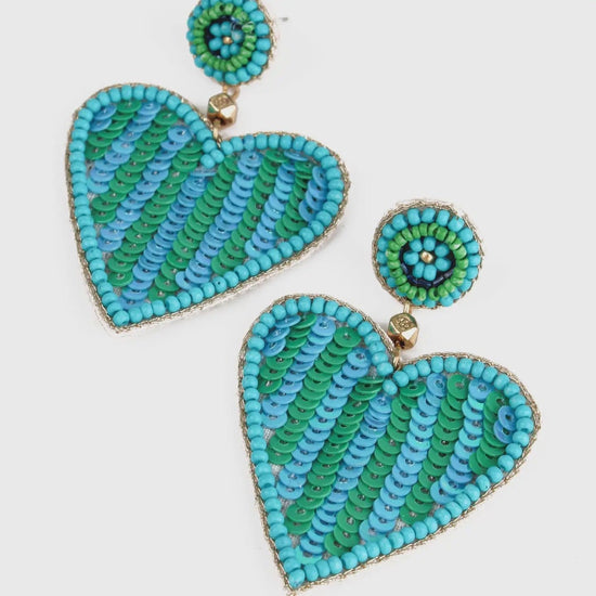 My Doris Jewellery My Doris Green & Turquoise Stripe Beaded Heart Earrings