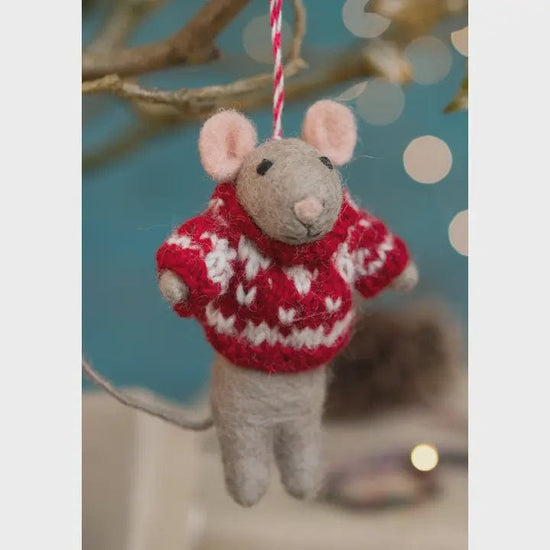 Namaste Homewares Felt Mouse in Red Knitted Jumper Ornament