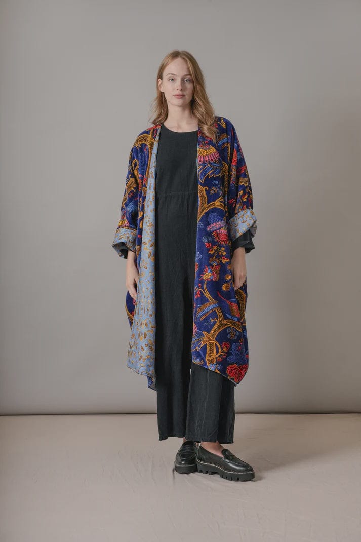 One Hundred Stars Fashion One Hundred Stars Climbing Peacock Royal Blue Velvet Grande Kimono