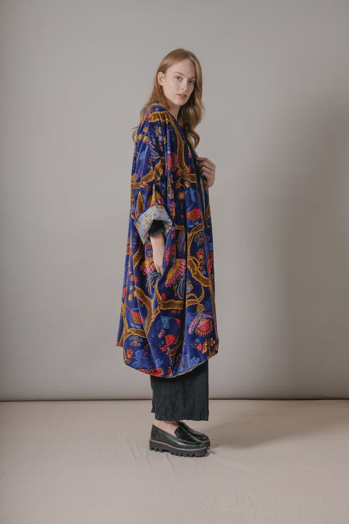 One Hundred Stars Fashion One Hundred Stars Climbing Peacock Royal Blue Velvet Grande Kimono