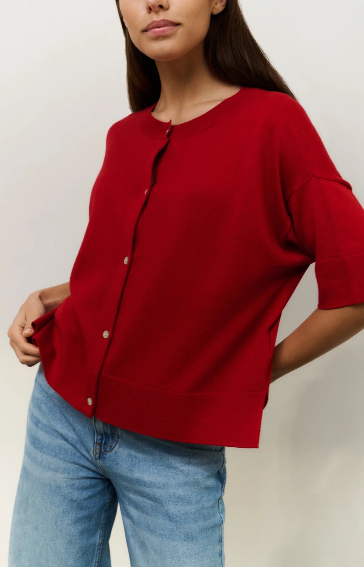YAYA Oversized Fine Knit Cardigan with Short Sleeves