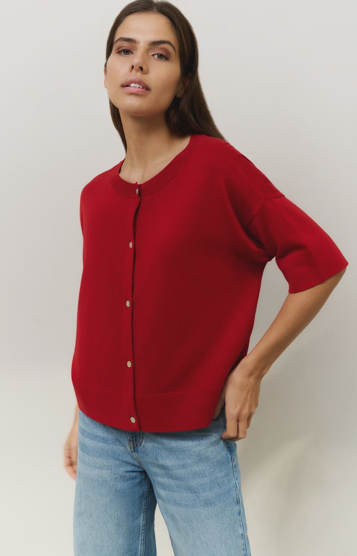YAYA Oversized Fine Knit Cardigan with Short Sleeves