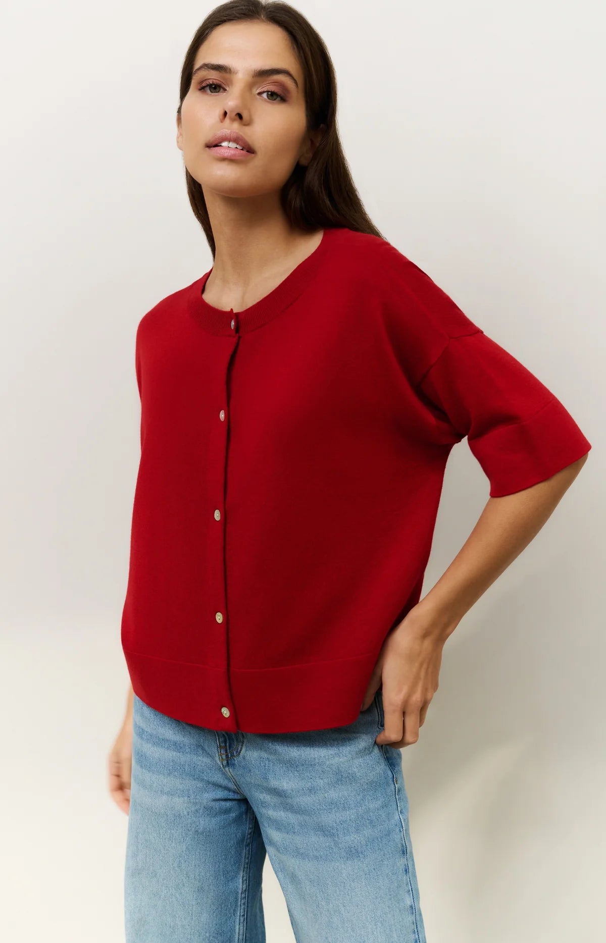 YAYA Oversized Fine Knit Cardigan with Short Sleeves