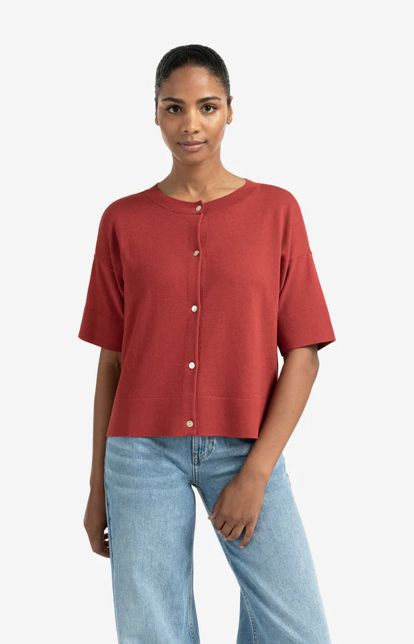 YAYA Oversized Fine Knit Cardigan with Short Sleeves