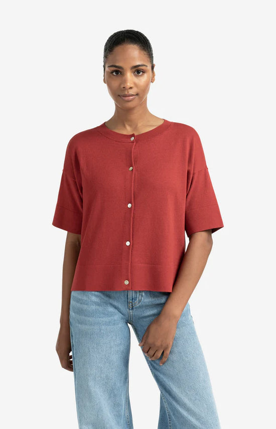 YAYA Oversized Fine Knit Cardigan with Short Sleeves