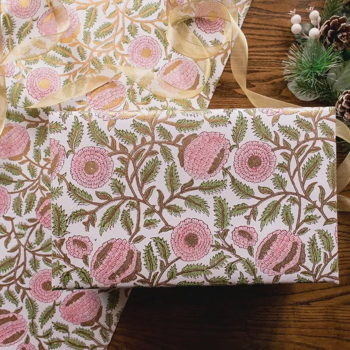 Paper Mirchi Homewares Paper Mirchi Block Printed Wrapping Paper Marigold Glitz Blush