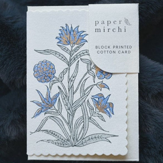 Paper Mirchi Homewares Paper Mirchi Card Hand Block Printed Kamal Periwinkle