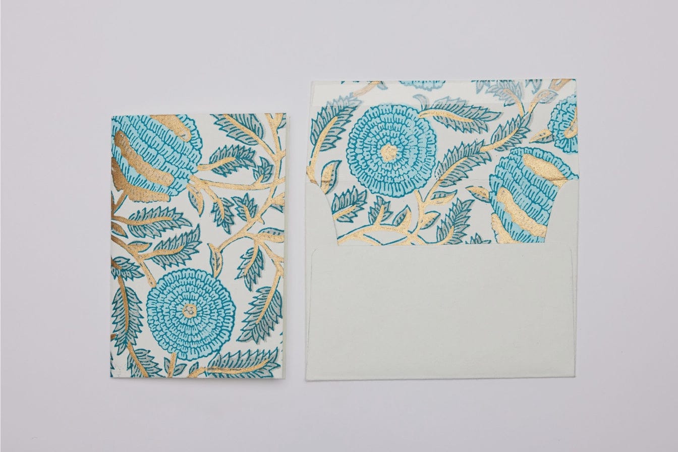 Paper Mirchi Homewares Paper Mirchi Card Hand Block Printed Marigold Glitz Turquoise