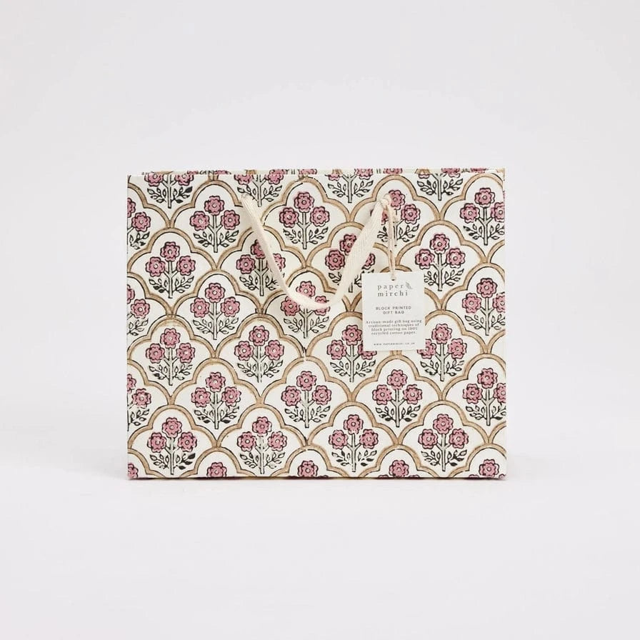 Paper Mirchi Homewares Paper Mirchi Hand Block Printed Medium Gift Bag Pink Earth