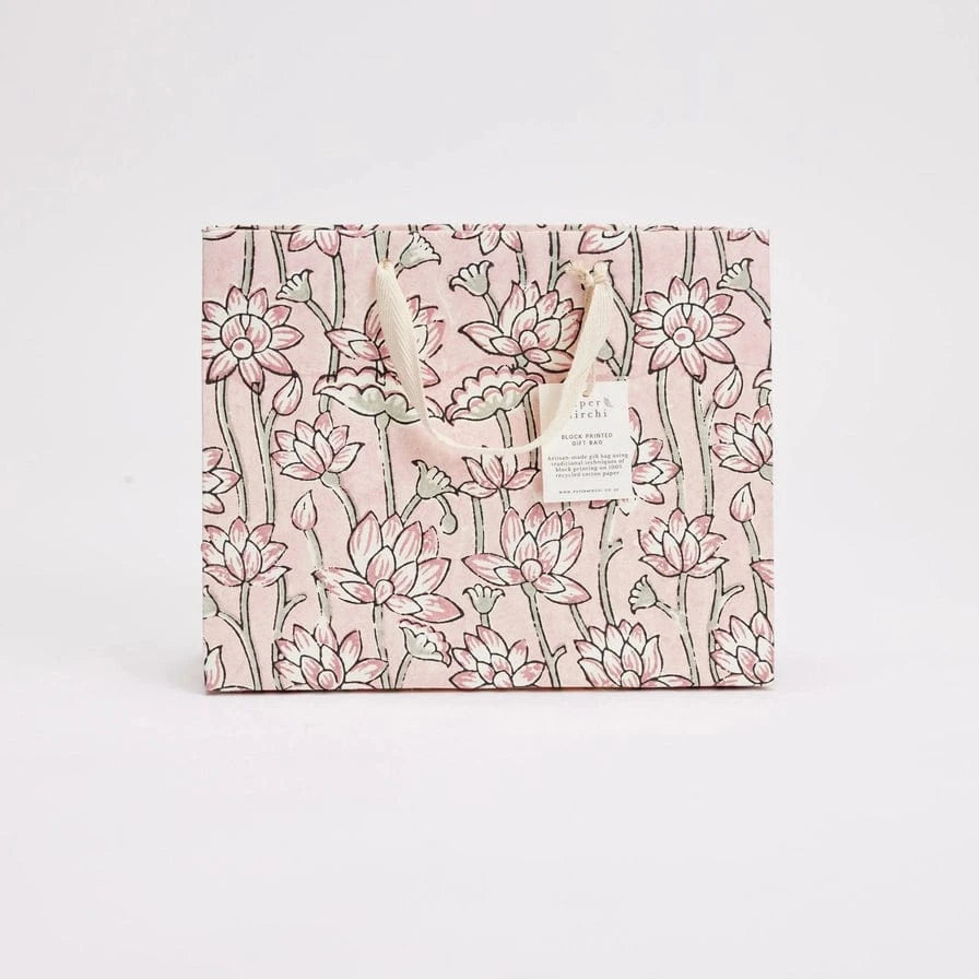 Paper Mirchi Homewares Paper Mirchi Hand Block Printed Medium Gift Bag Pink Earth