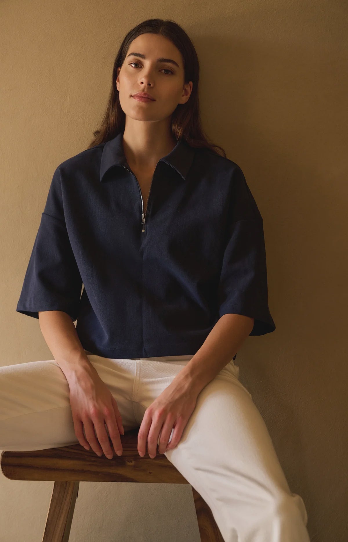 Yaya Polo Top with Half Zip Navy - Precious Sparkle