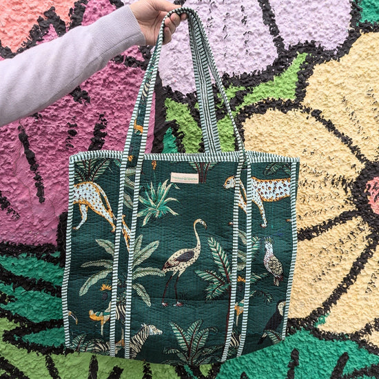 precious sparkle Accessories Cotton Quilted Indian Tote Bag Green Jungle